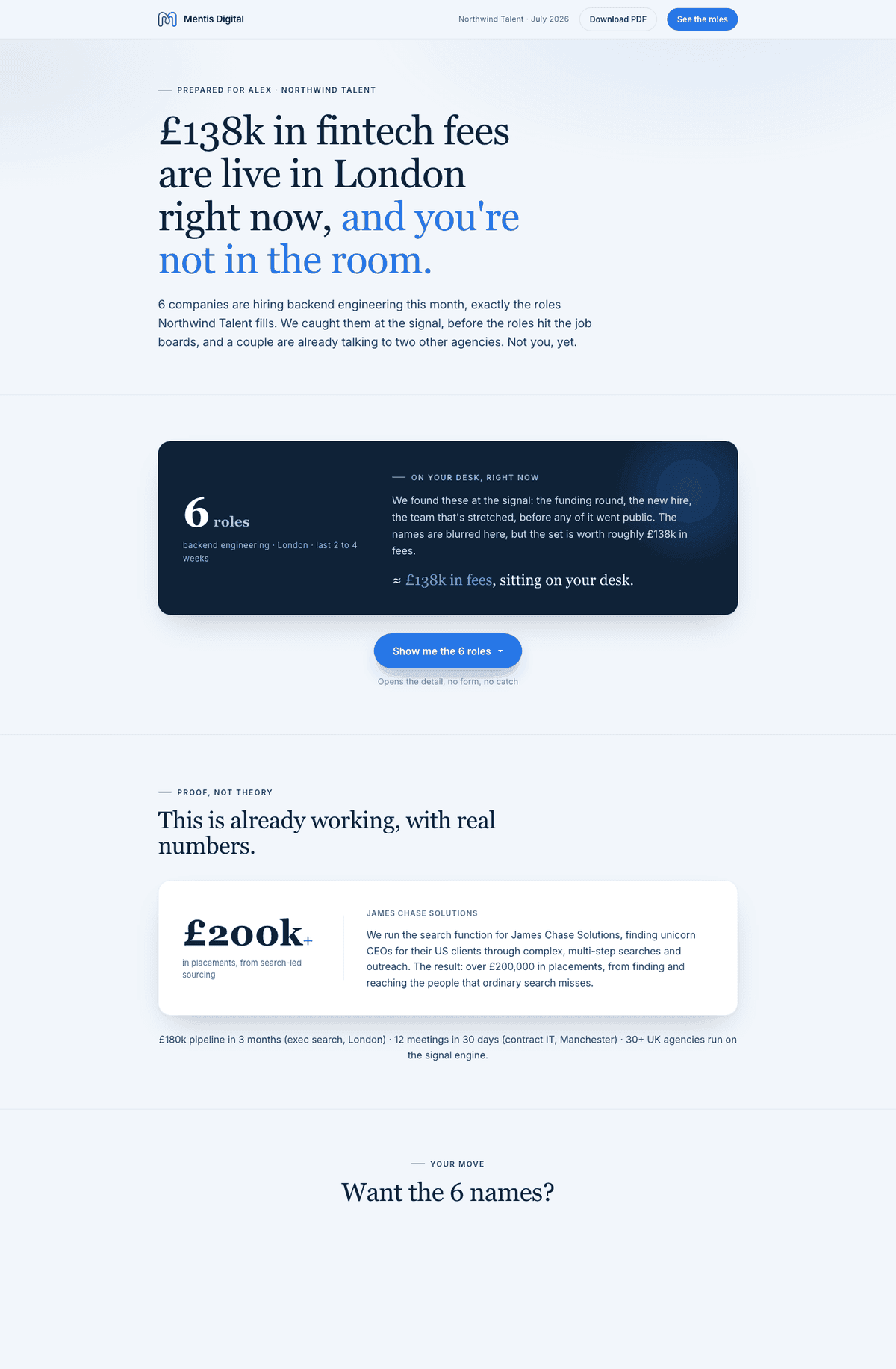 Live Mentis signal brief page: live hiring demand found on a recruitment agency's patch, the fee value it represents, and Mentis's own delivery proof point. Built on sample agency data.